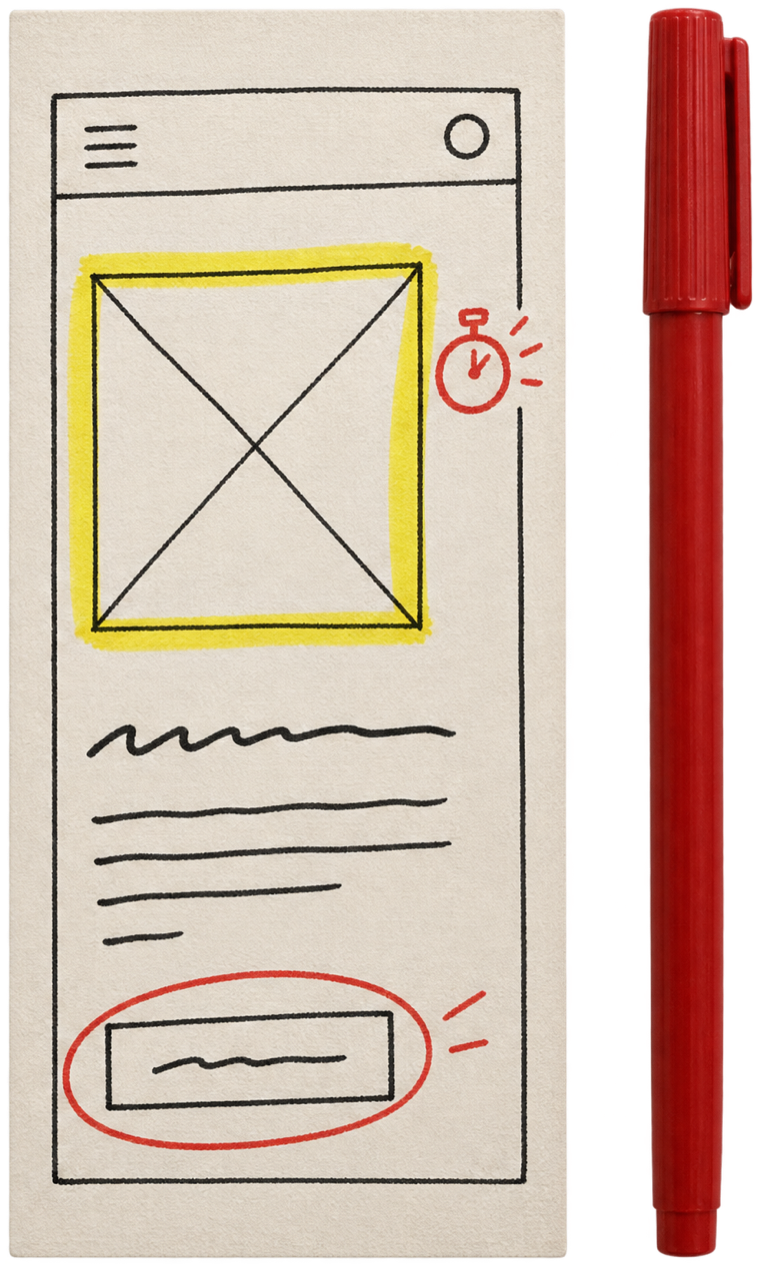 Kartu wireframe seukuran layar ponsel dengan simbol stopwatch merah di samping gambar utama, dan pena merah.
