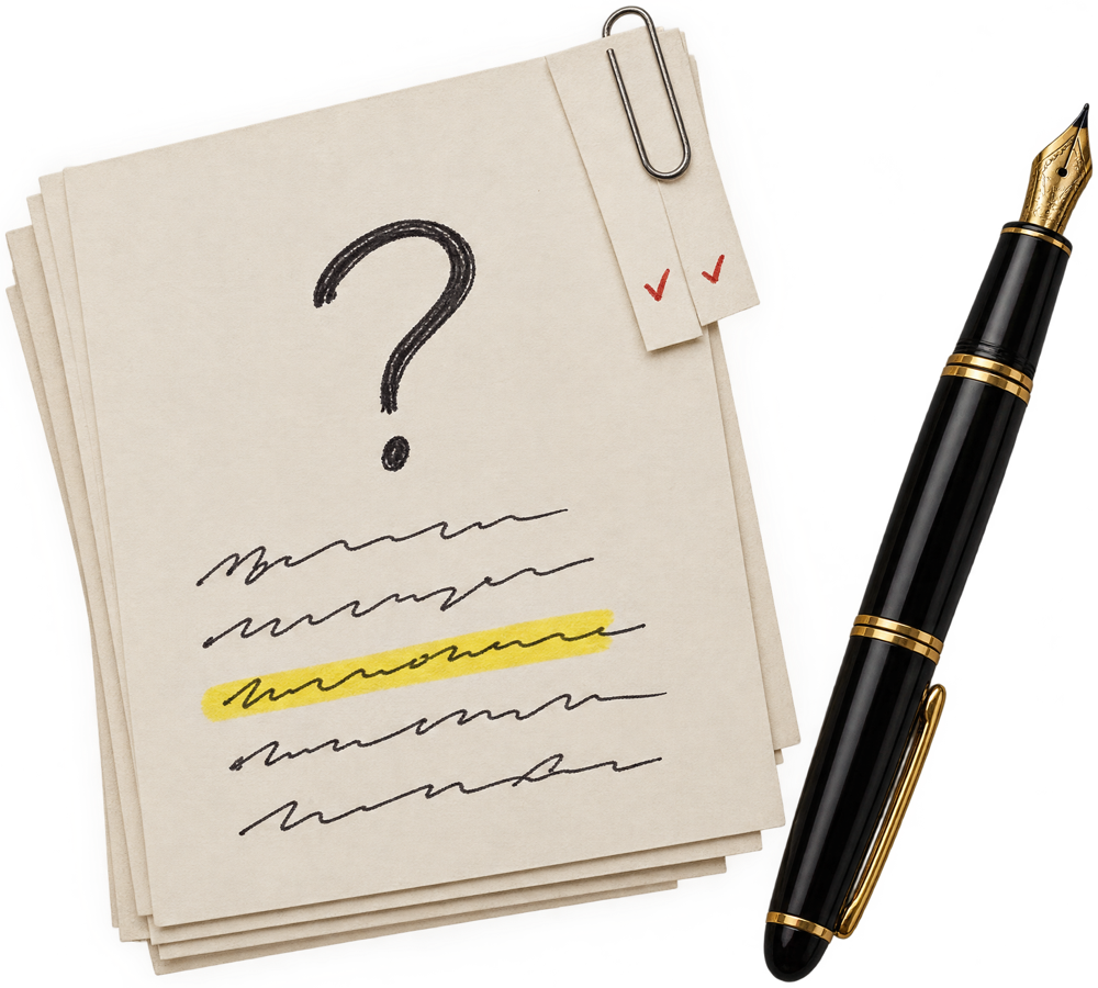Question and answer cards with one answer highlighted and two source slips clipped behind them.