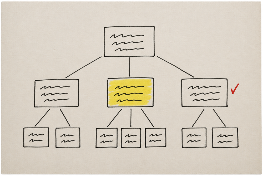 Index cards arranged as a structure tree, one card marked in yellow highlighter.