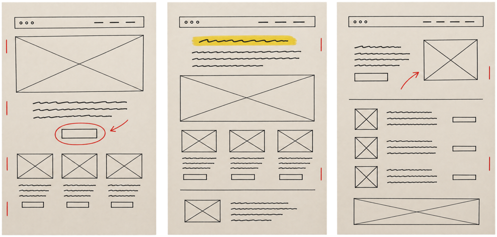 Three sheets of website layout sketches with red pen notes and one heading marked in highlighter.