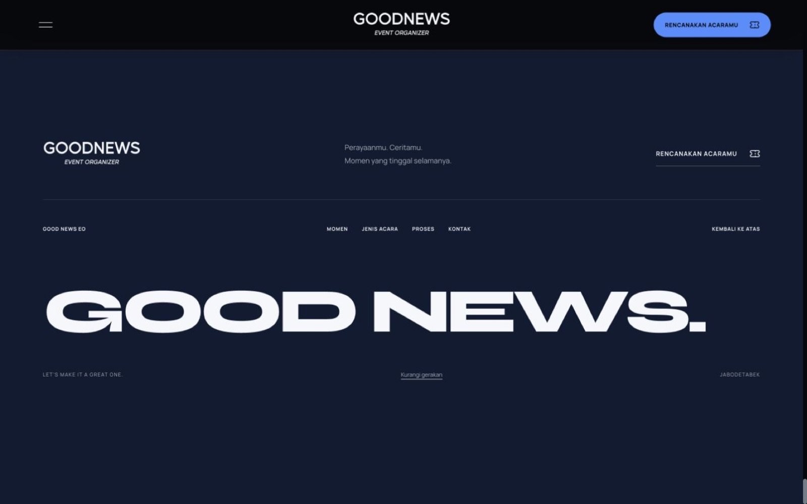 Tangkapan layar website konsep Good News EO: footer motion