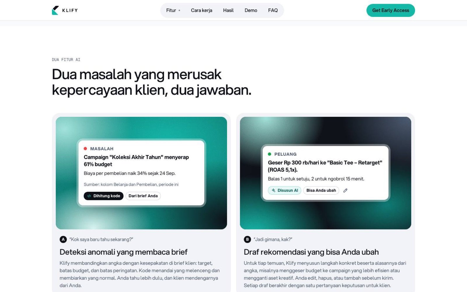Screenshot of the Klify concept website: d02 fitur