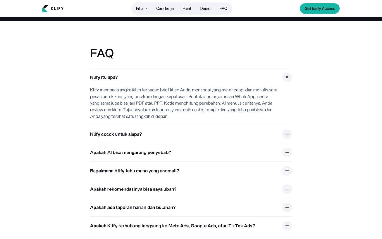 Screenshot of the Klify concept website: d10 faq