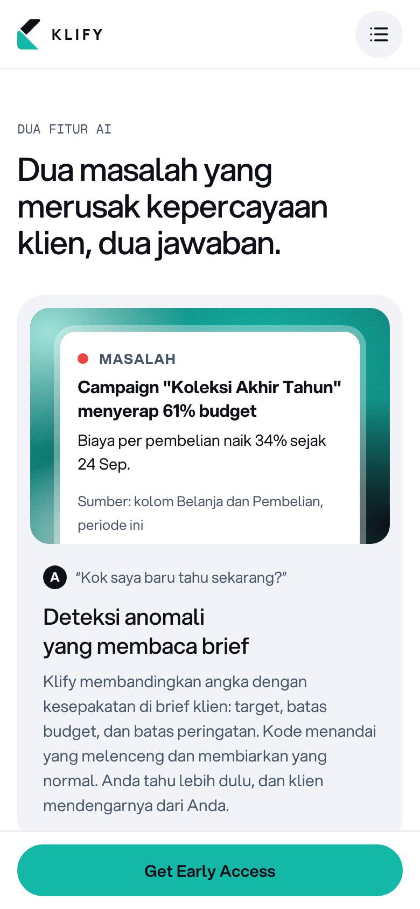 Screenshot of the Klify concept website: m02 fitur