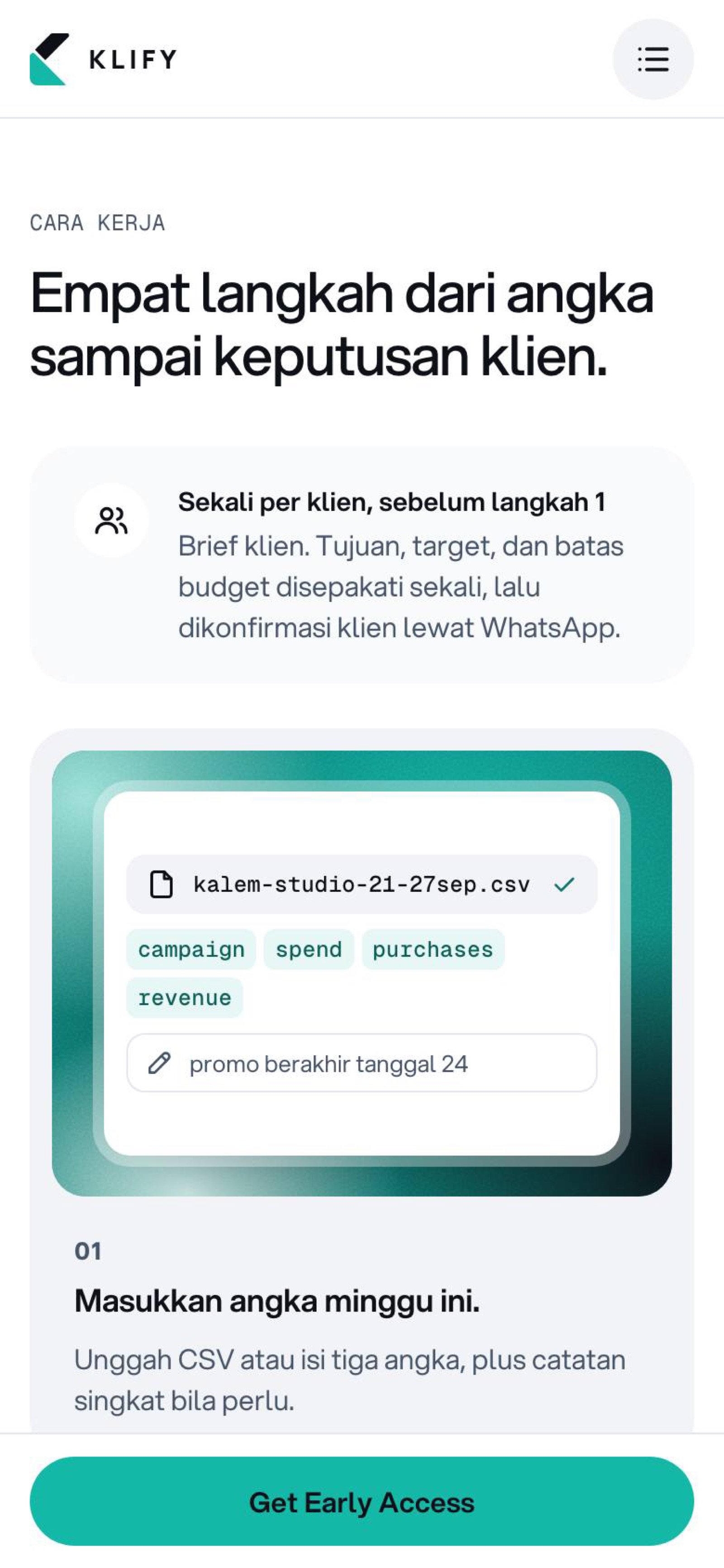 Screenshot of the Klify concept website: m04 cara kerja