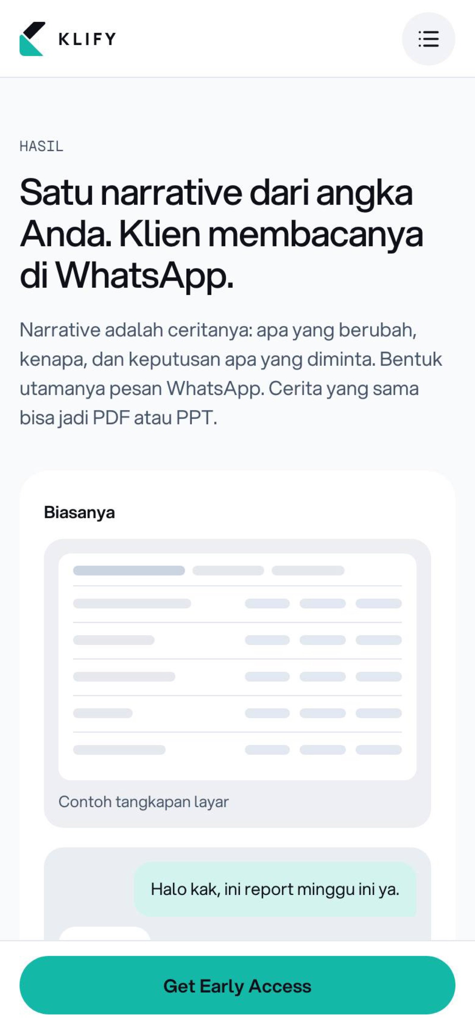 Screenshot of the Klify concept website: m07 hasil