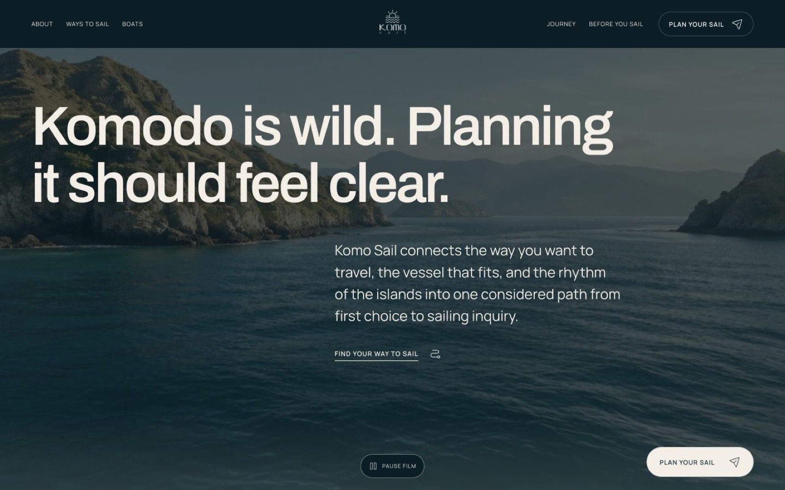 Tangkapan layar website konsep Komo Sail: manifesto water