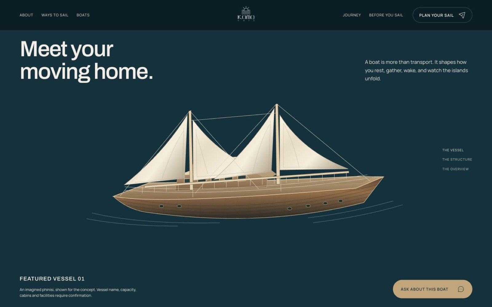Tangkapan layar website konsep Komo Sail: vessel sailing