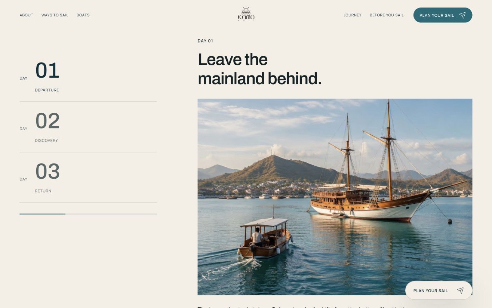 Tangkapan layar website konsep Komo Sail: day one
