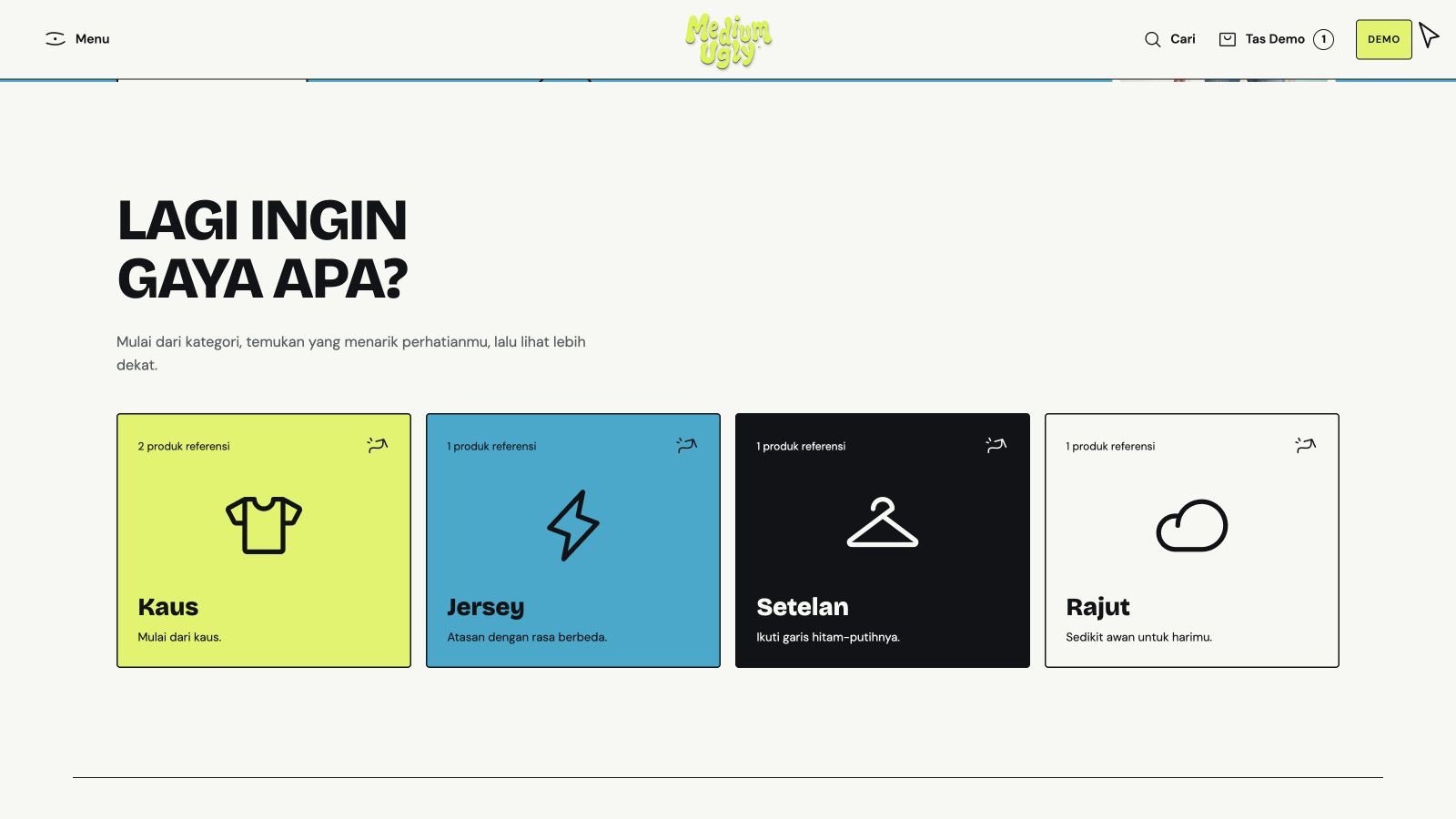 Screenshot of the Medium Ugly concept website: kategori