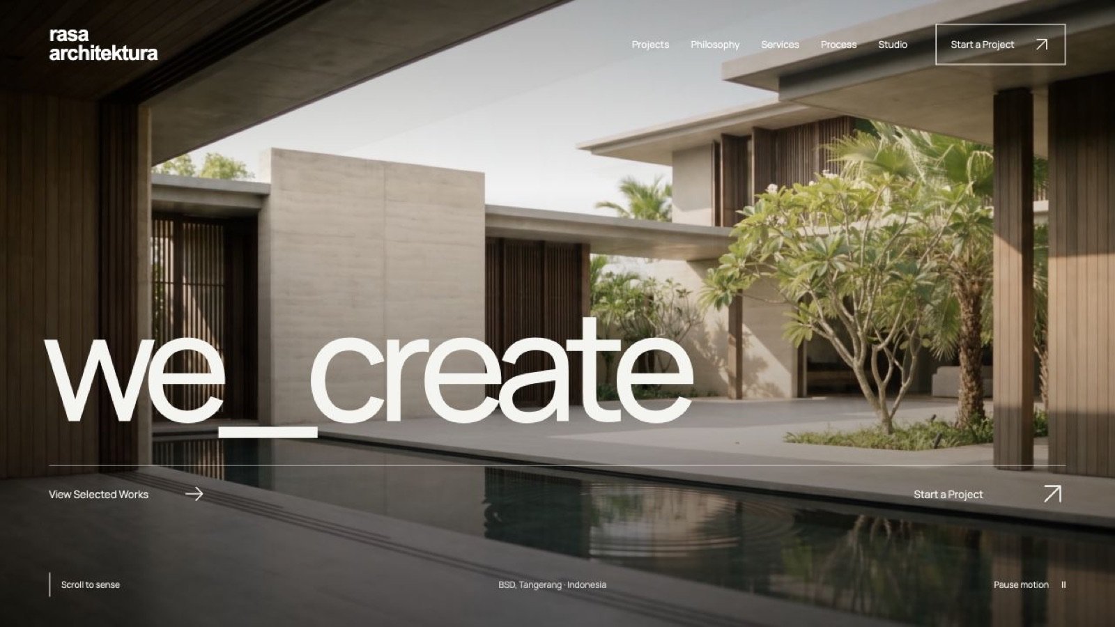 Screenshot of the Rasa Architektura concept website: hero