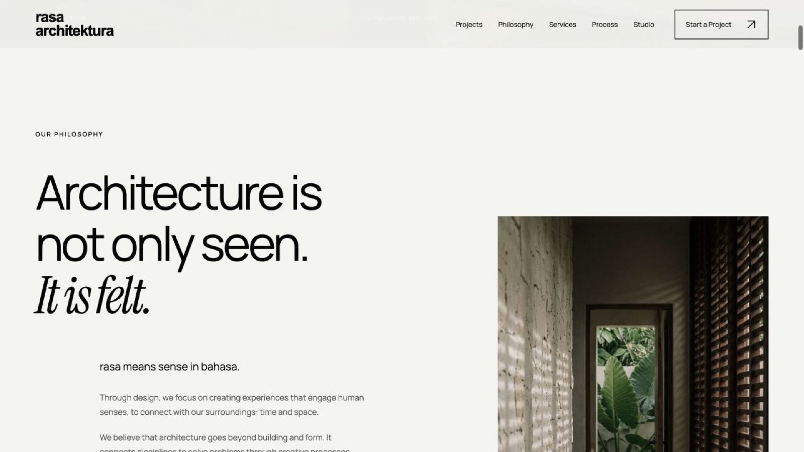 Screenshot of the Rasa Architektura concept website: philosophy
