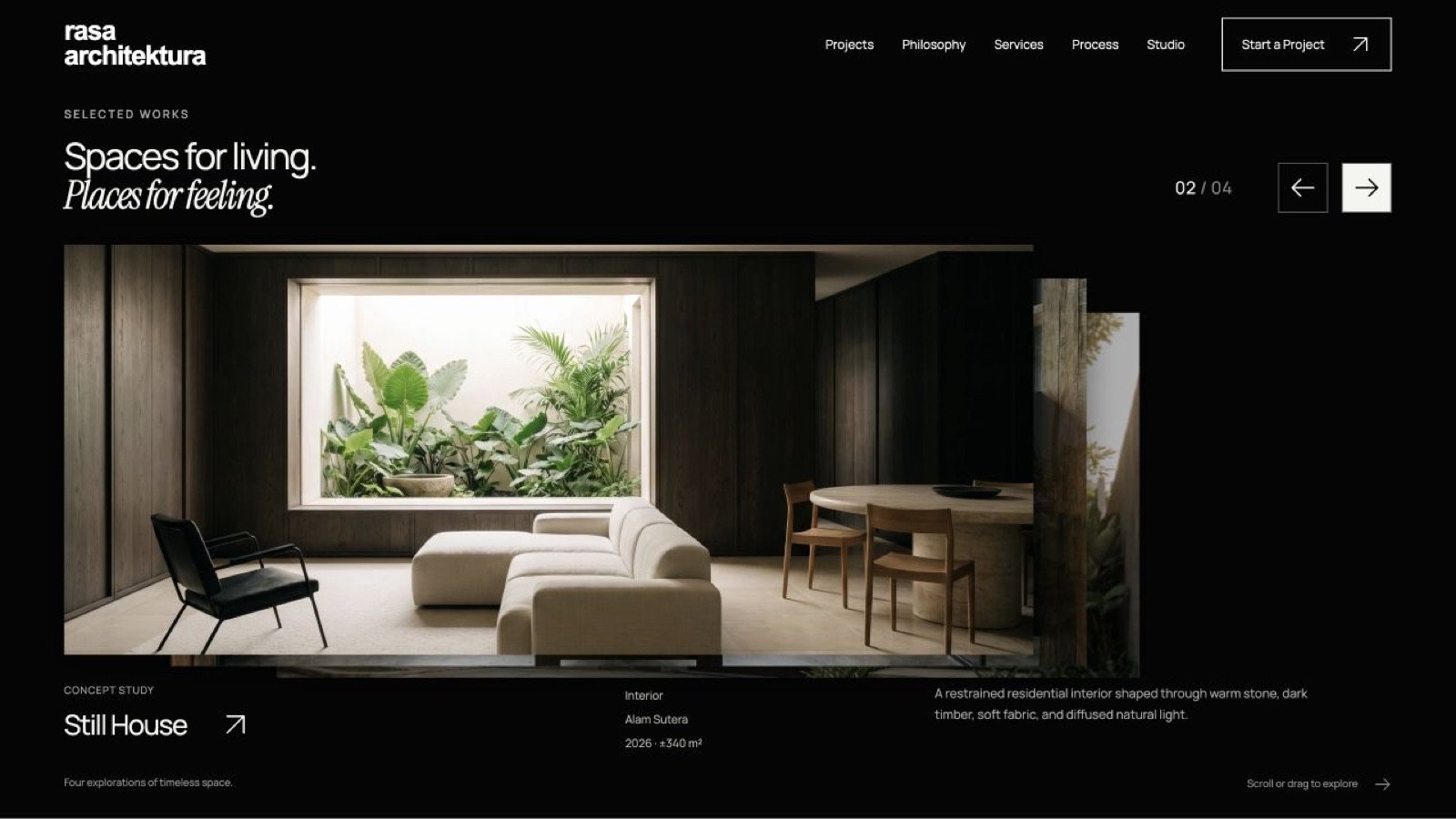 Screenshot of the Rasa Architektura concept website: selected works 02
