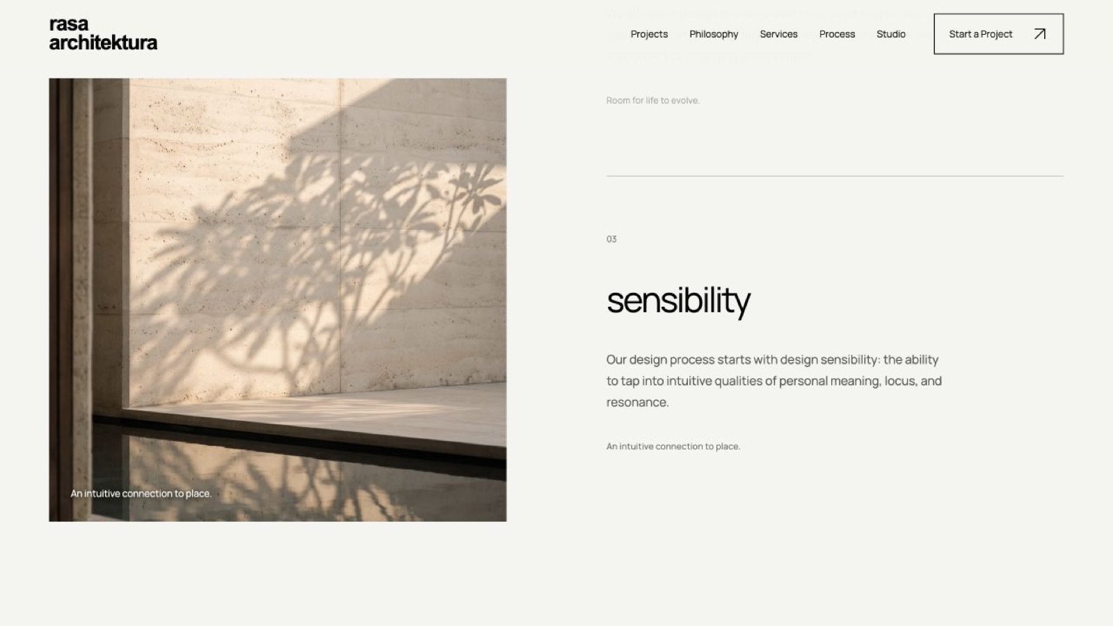 Screenshot of the Rasa Architektura concept website: sensibility