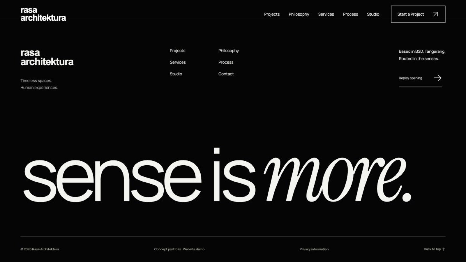 Screenshot of the Rasa Architektura concept website: footer
